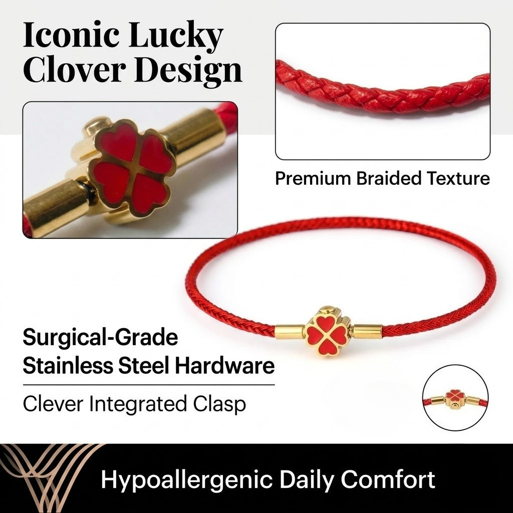 red string bracelet for women men stainless steel four leaf clover braided leather bracelet lucky protection amulet kabbalah red rope wristband friendship jewelry gift 8.3 inches