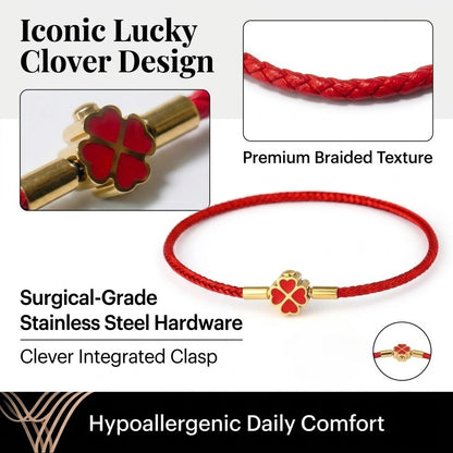 Red String Bracelet for Women Men Stainless Steel Four Leaf Clover Braided Leather Bracelet Lucky Protection Amulet Kabbalah Red Rope Wristband Friendship Jewelry Gift 8.3 Inches