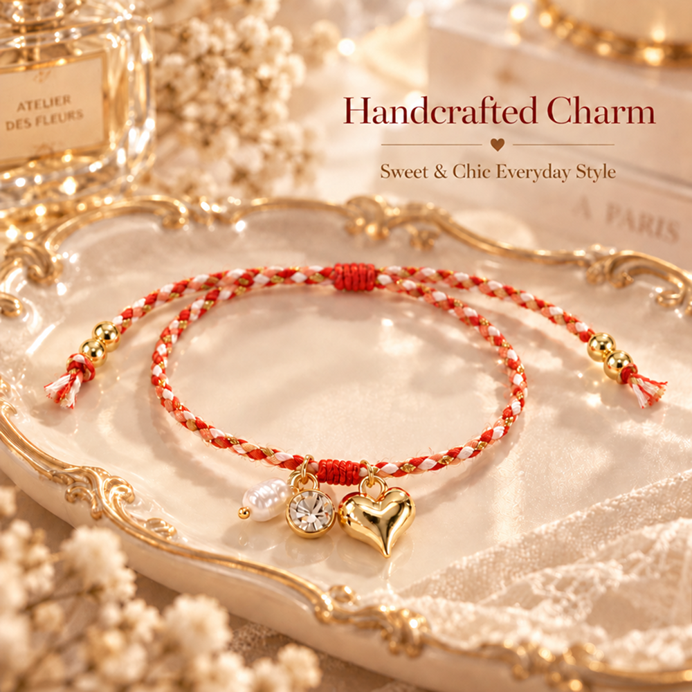 adjustable braided cord bracelet with gold-tone heart charm and sliding knot
