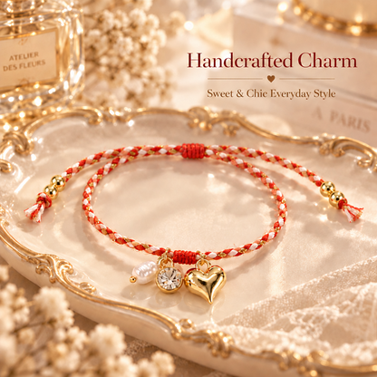 Adjustable Braided Cord Bracelet with Gold-Tone Heart Charm and Sliding Knot