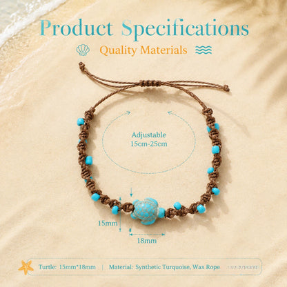 Handmade Turquoise Sea Turtle Bracelet for Women Men Bohemian Blue Bead Woven Rope Anklet Beach Ocean Wave Jewelry Adjustable Cord Marine Charms Gift