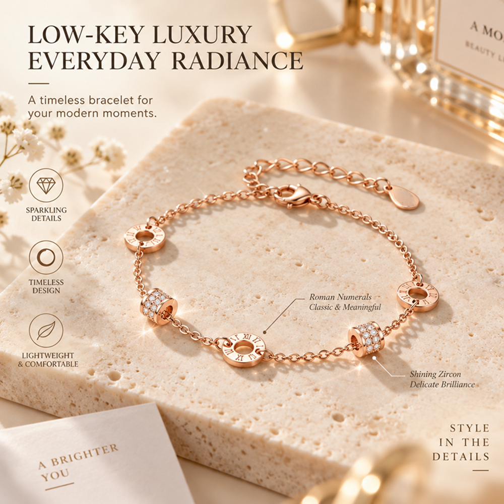 women's rose gold-tone electroplated brass roman numeral bracelet with double barrel beads