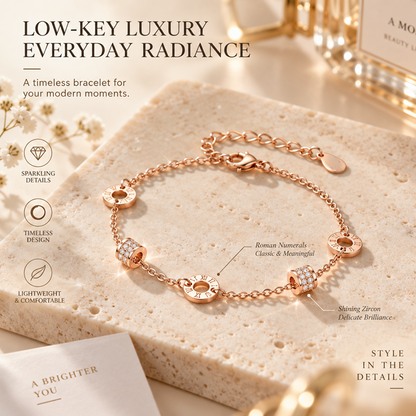 Women's Rose Gold-Tone Electroplated Brass Roman Numeral Bracelet with Double Barrel Beads