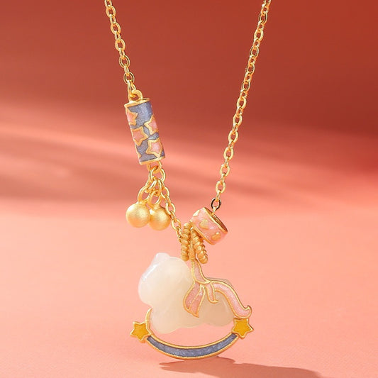 Chinese Zodiac Horse Jade Necklace – Natural Hetian Jade S925 Silver Rocking Horse Pendant for Women - STAR8S