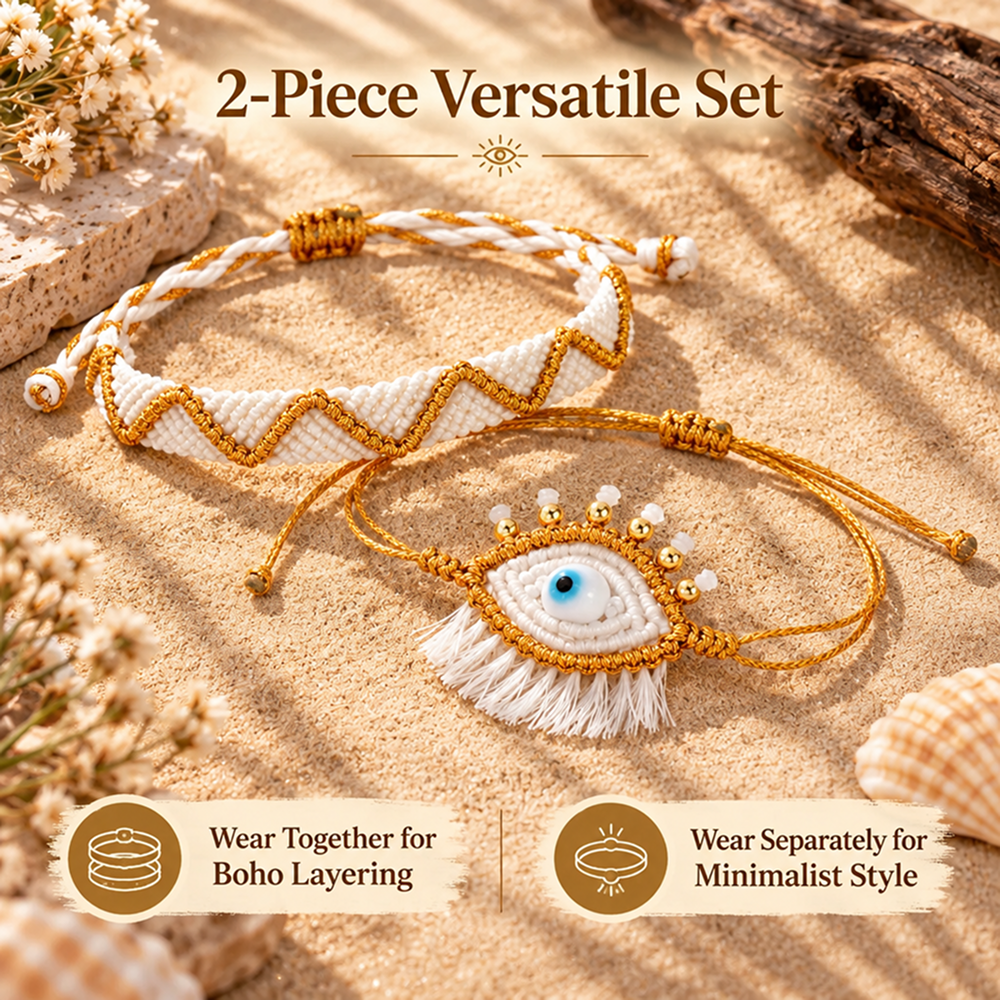 white and gold-tone evil eye bracelet set with tassel detail and adjustable sliding knots, 2 pieces