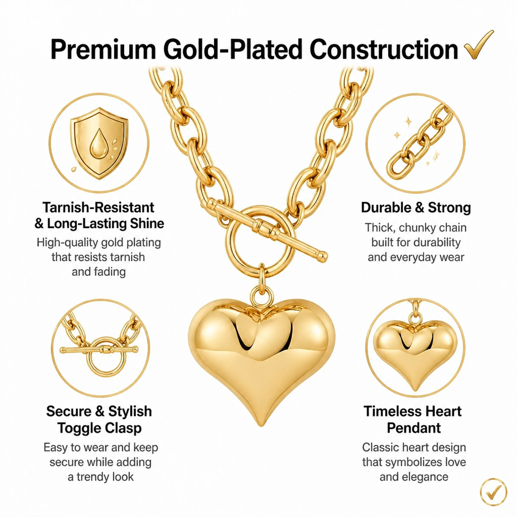 gold plated chunky chain necklace for women puffy heart pendant necklace minimalist bold link chain necklace with front ot toggle clasp jewelry gift
