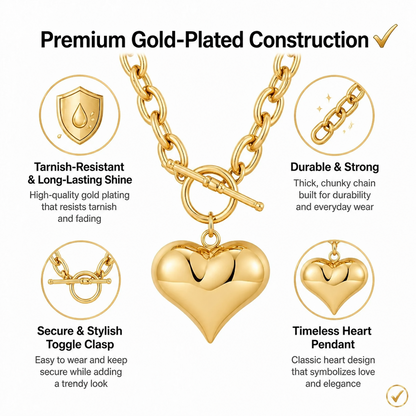 Gold Plated Chunky Chain Necklace for Women Puffy Heart Pendant Necklace Minimalist Bold Link Chain Necklace with Front OT Toggle Clasp Jewelry Gift