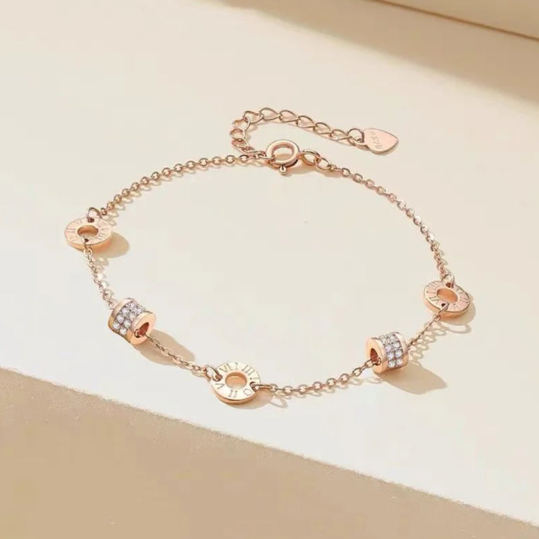 rose gold tone roman numeral bracelet for women, minimalist interlocking circles small waist charm bracelet, crystal pave cubic zirconia dainty chain link jewelry, birthday anniversary gift for girlfriend mother her