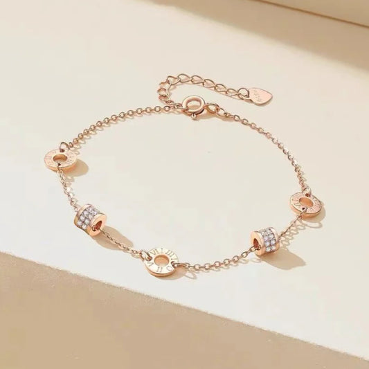Rose Gold Tone Roman Numeral Bracelet for Women, Minimalist Interlocking Circles Small Waist Charm Bracelet, Crystal Pave Cubic Zirconia Dainty Chain Link Jewelry, Birthday Anniversary Gift for Girlfriend Mother Her