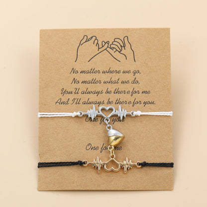 Matching Relationship Bracelets for Couples Magnetic Split Heart Lifeline Charm Handcrafted Woven Cord Wristband with Pinky Promise Wish Card for Lovers Anniversary Birthday