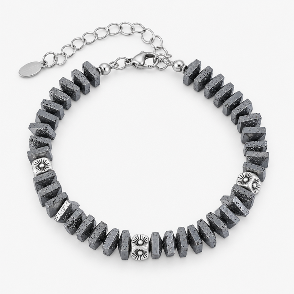men's square lava stone beaded bracelet with silver-tone accents and adjustable extender
