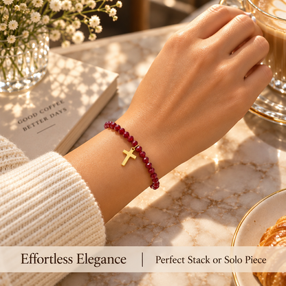Red Faceted Bead Bracelet with Gold-Tone Cross Charm