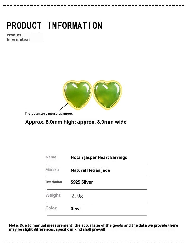 spinach green natural hetian jade heart earrings - s925 silver setting with minimalist design