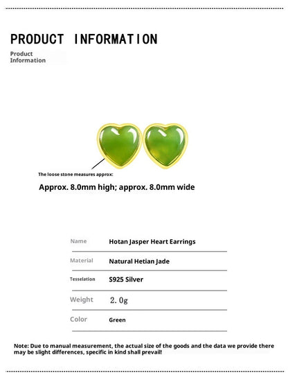 Spinach Green Natural Hetian Jade Heart Earrings - S925 Silver Setting with Minimalist Design