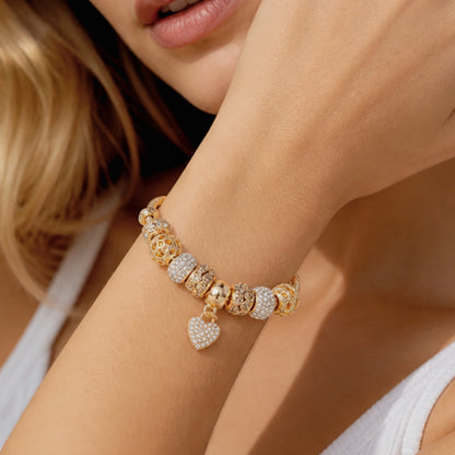 Gold Charm Bracelet for Women Teen Girls Sweet Love Heart Pendant Bangle Layering Large Hole Beaded Chain Bracelet Valentine's Day Birthday Romantic Jewelry Gift for Her