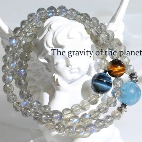 natural gray moonstone double-layer crystal bracelet with aquamarine & tiger eye | trendy women’s jewelry gift