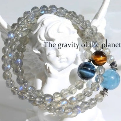 Natural Gray Moonstone Double-Layer Crystal Bracelet with Aquamarine & Tiger Eye | Trendy Women’s Jewelry Gift