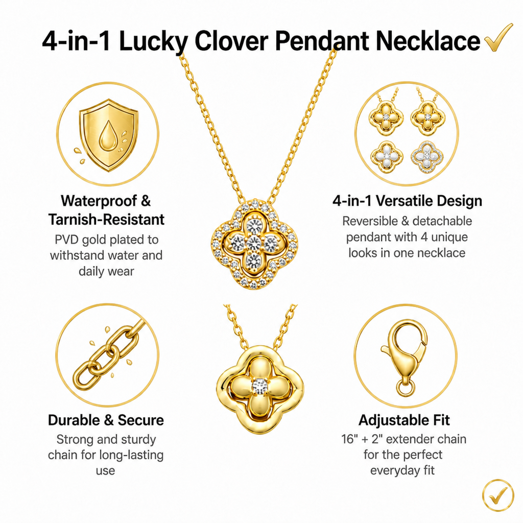 convertible four-leaf clover brass necklace for women – gold-plated lucky crystal pendant, dainty choker with adjustable link chain, valentine's day jewelry gift for her