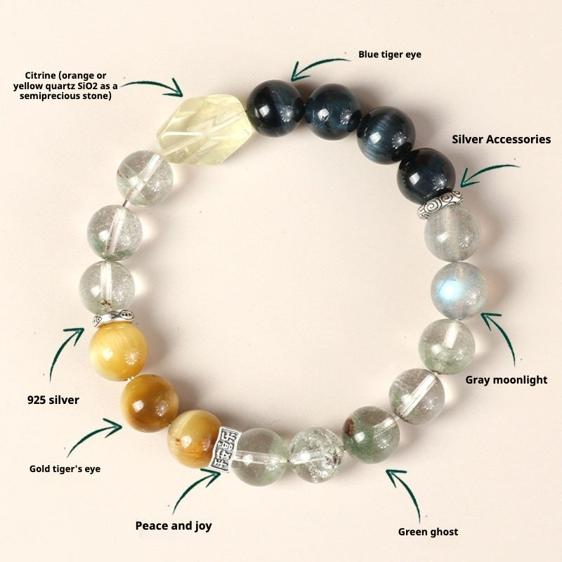 wealth green ghost crystal bracelet with yellow quartz & tiger eye | unique women’s energy bracelet