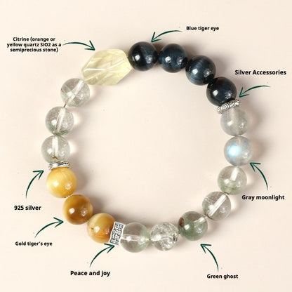 Wealth Green Ghost Crystal Bracelet with Yellow Quartz & Tiger Eye | Unique Women’s Energy Bracelet