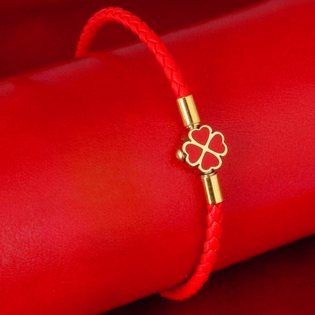 red string bracelet for women men stainless steel four leaf clover braided leather bracelet lucky protection amulet kabbalah red rope wristband friendship jewelry gift 8.3 inches
