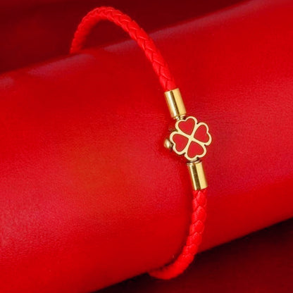 Red String Bracelet for Women Men Stainless Steel Four Leaf Clover Braided Leather Bracelet Lucky Protection Amulet Kabbalah Red Rope Wristband Friendship Jewelry Gift 8.3 Inches