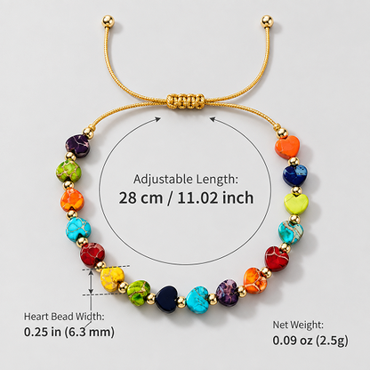Adjustable Rainbow Heart Bead Cord Bracelet with Gold-Tone Accents