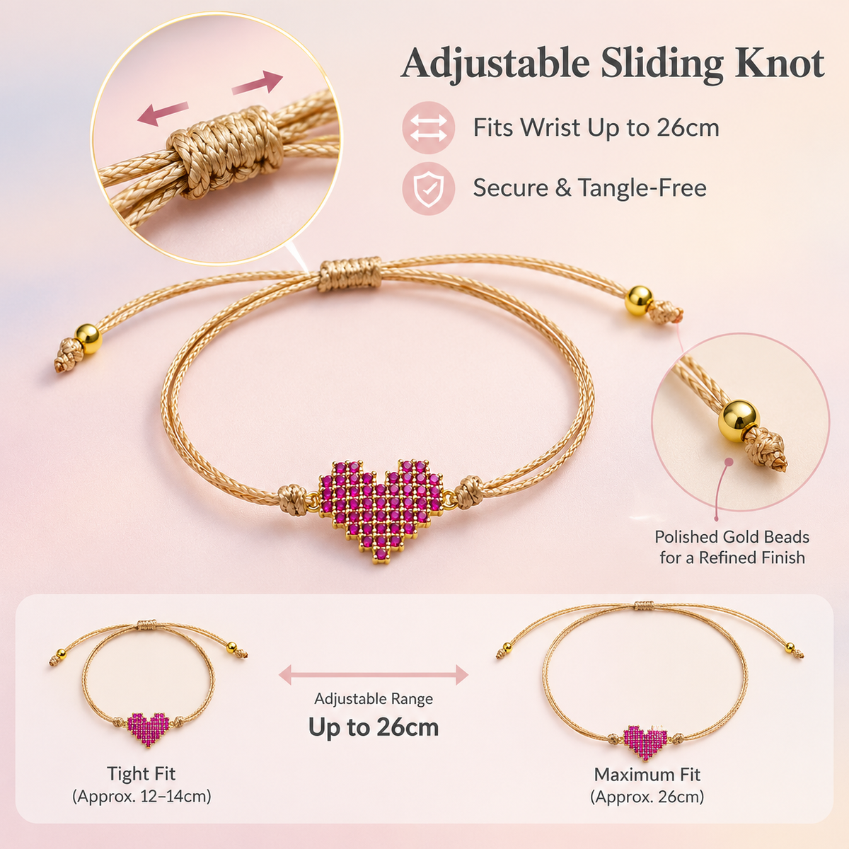 women's adjustable cord bracelet with sparkling pink heart and sliding knot