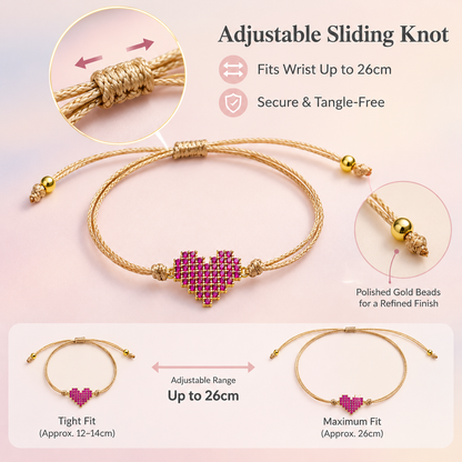 Women's Adjustable Cord Bracelet with Sparkling Pink Heart and Sliding Knot