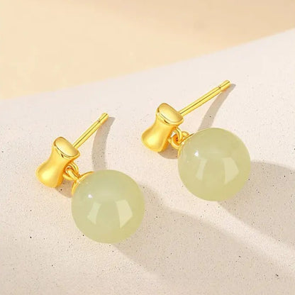 Round Hetian Jade Stud S925 Bamboo Earrings