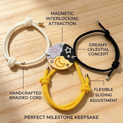 Matching Friendship Bracelets for 3 Best Friends Magnetic Sun Moon Star Pendant Braided Cord Bracelet Set Sweet Trio BFF Graduation Back to School Birthday Gift for Teen Girls Pack of 3
