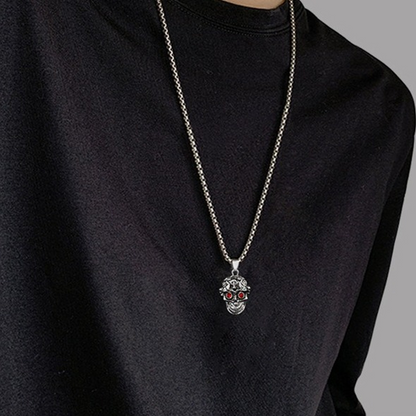Men's Punk Skull Pendant Necklace with Red Rhinestone Eyes Stainless Steel Box Chain Hip Hop Streetwear Gothic Biker Skull Jewelry Heavy Duty Stainless Steel Pendant for Men