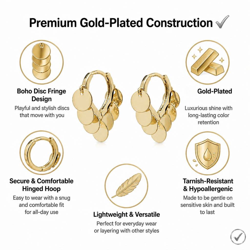 lightweight gold plated shimmering disc tassel hoop earrings gentle movement dainty dangle huggies comfortable everyday statement ear rings for sensitive ears