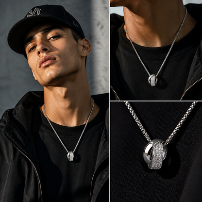 Titanium Steel Double Ring Pendant Necklace for Men Unisex Iced Out Rhinestone Interlocking Circle Pendant Hip Hop Streetwear Box Chain High Street Cyberpunk Jewelry