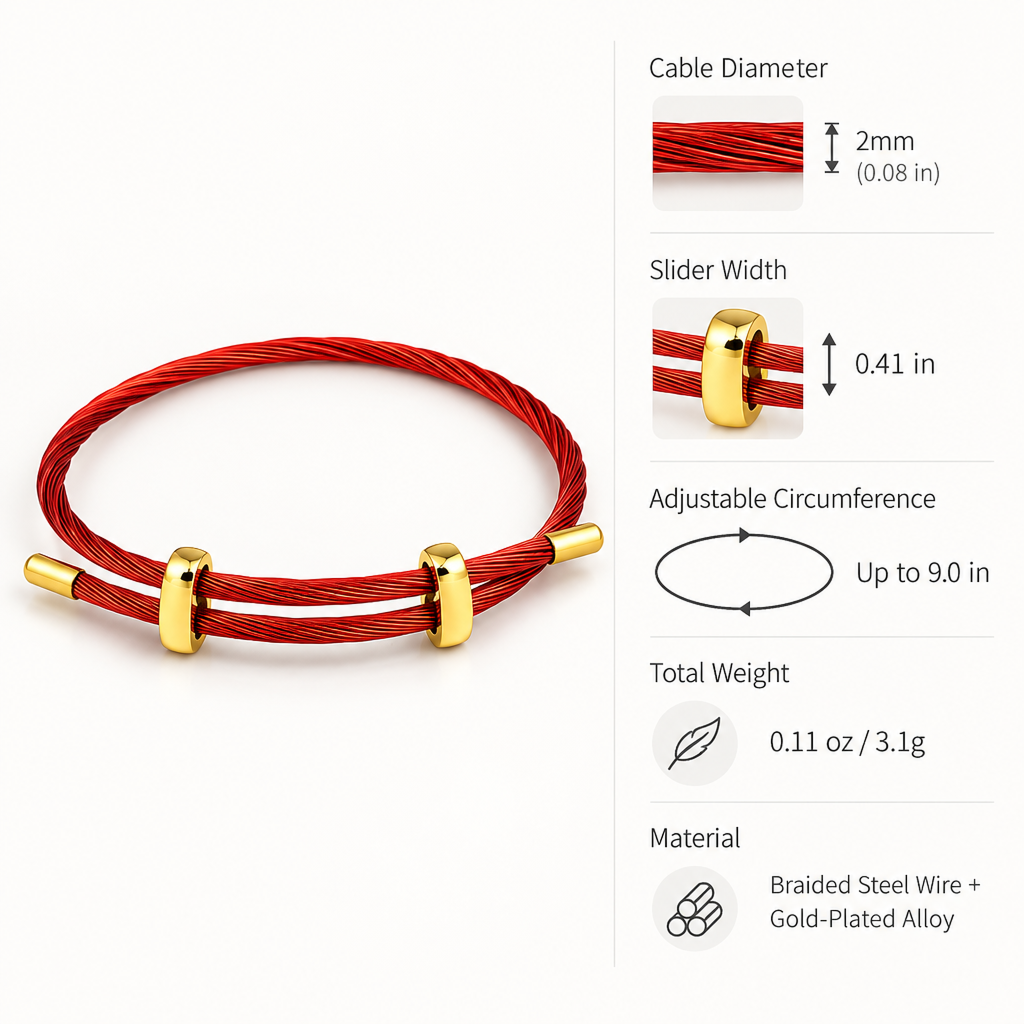 adjustable red multi-strand steel cable bracelet for men and women, minimalist wire rope wristband with gold-color slider clasps, 9.5 inch maximum length, lightweight modern layering accessory for everyday wear, casual gift for him or her
