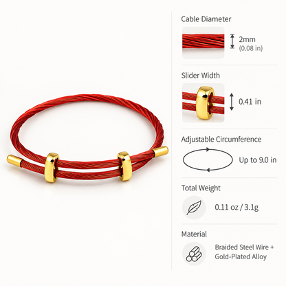 Adjustable Red Multi-Strand Steel Cable Bracelet for Men and Women, Minimalist Wire Rope Wristband with Gold-Color Slider Clasps, 9.5 Inch Maximum Length, Lightweight Modern Layering Accessory for Everyday Wear, Casual Gift for Him or Her