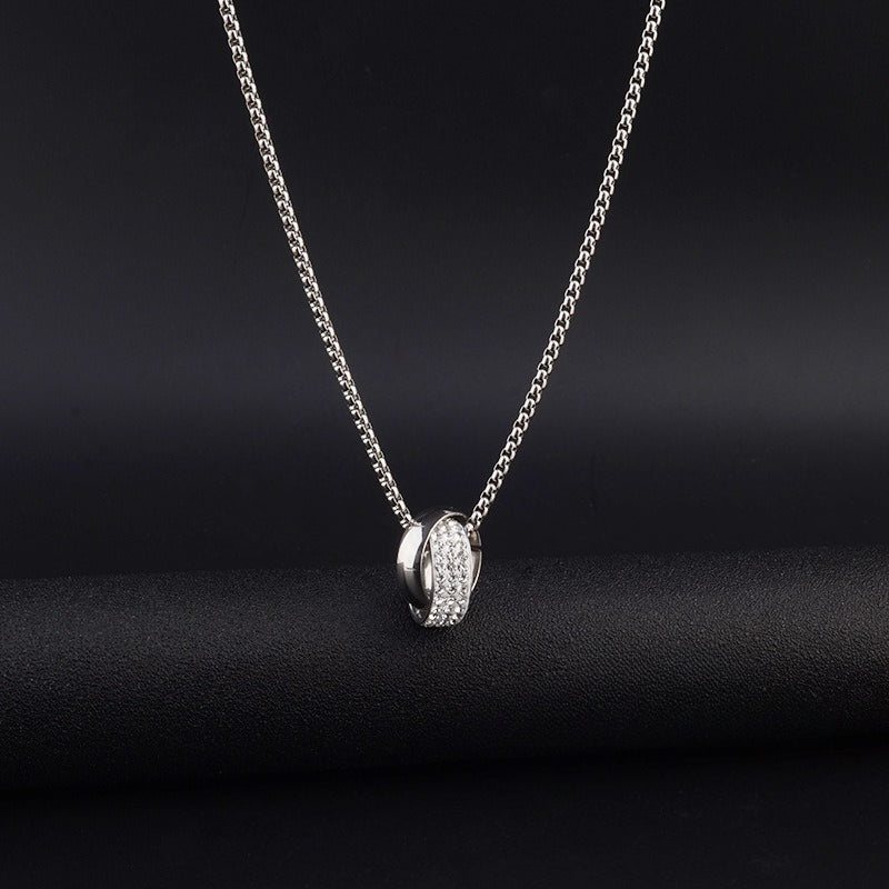 titanium steel double ring pendant necklace for men unisex iced out rhinestone interlocking circle pendant hip hop streetwear box chain high street cyberpunk jewelry