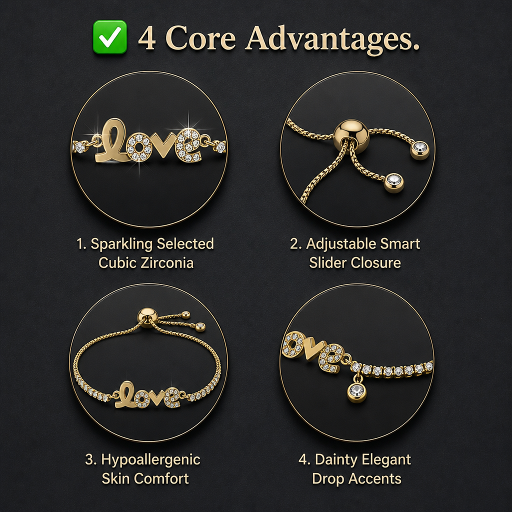 sparkling premium cubic zirconia love script nameplate bracelet tarnish resistant base skin safe hypoallergenic adjustable pull string comfort fit evening wear gift