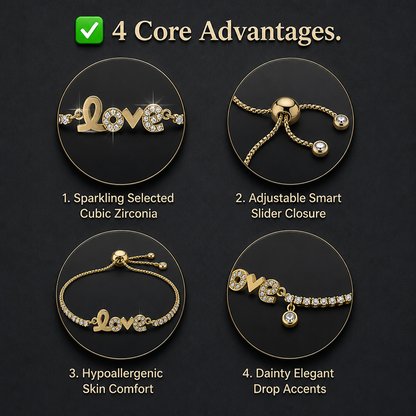 Sparkling Premium Cubic Zirconia LOVE Script Nameplate Bracelet Tarnish Resistant Base Skin Safe Hypoallergenic Adjustable Pull String Comfort Fit Evening Wear Gift