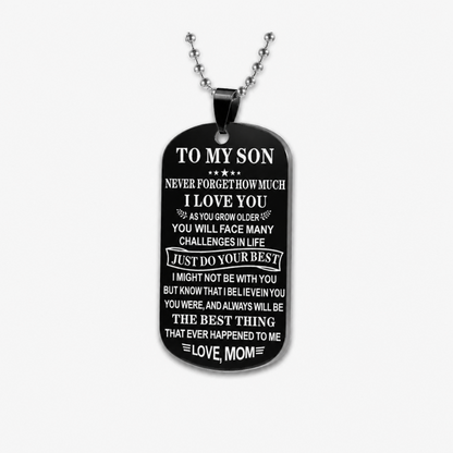 Engraved Dog Tag Necklace for Son from Mom Stainless Steel Military ID Card Pendant Inspirational Message Charm Long Ball Bead Chain Birthday Graduation Gift for Boys Men Black Silver 23.6" 20g