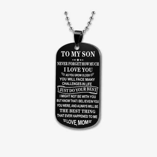 Engraved Dog Tag Necklace for Son from Mom Stainless Steel Military ID Card Pendant Inspirational Message Charm Long Ball Bead Chain Birthday Graduation Gift for Boys Men Black Silver 23.6" 20g