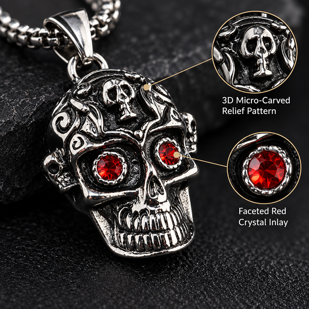 men's stainless steel skull pendant necklace with red eye accents
