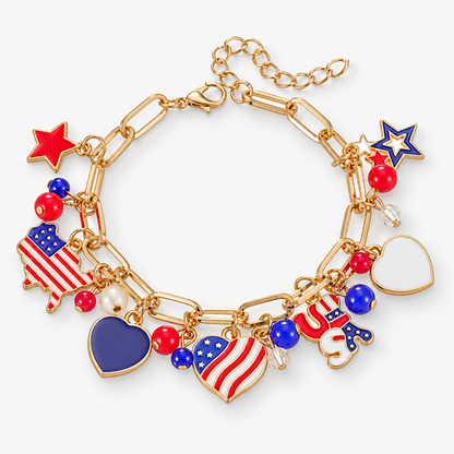 Gold-Tone USA Patriotic Charm Bracelet with Flag, Heart and Star Designs and Adjustable Extender