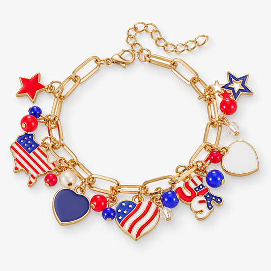 Gold-Tone USA Patriotic Charm Bracelet with Flag, Heart and Star Designs and Adjustable Extender