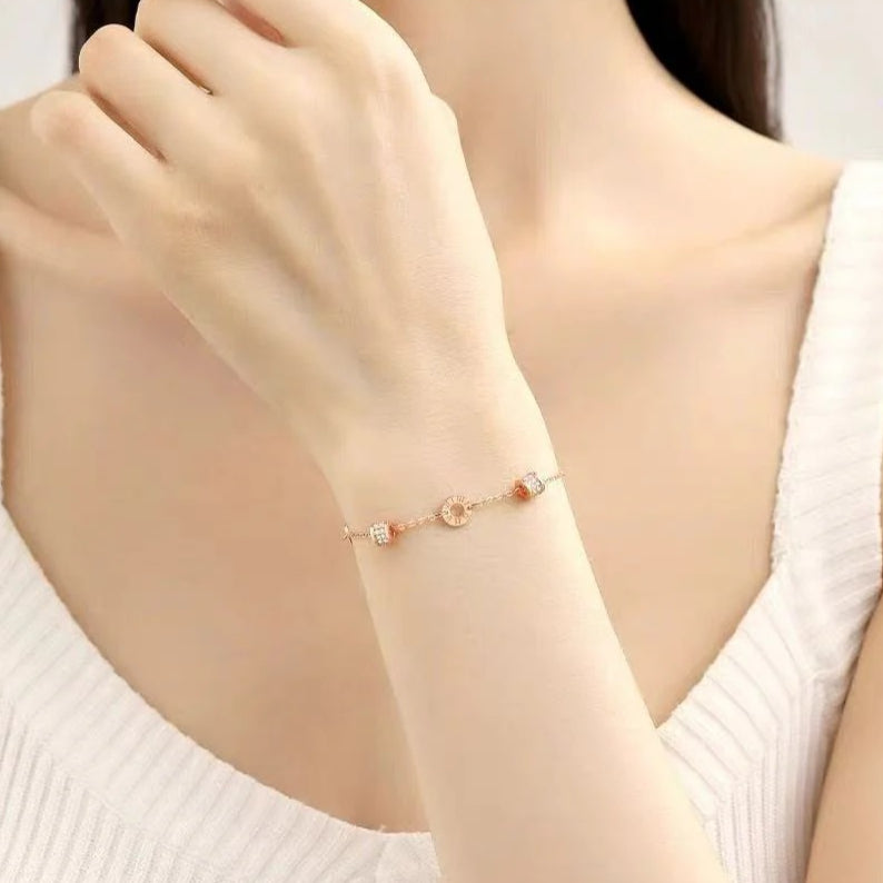 rose gold tone roman numeral bracelet for women, minimalist interlocking circles small waist charm bracelet, crystal pave cubic zirconia dainty chain link jewelry, birthday anniversary gift for girlfriend mother her