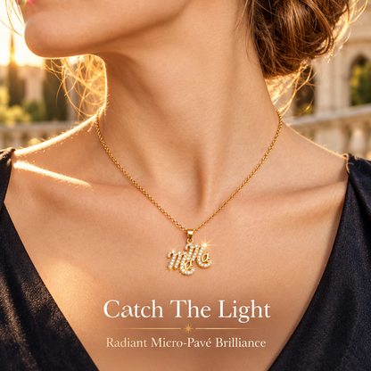 Gold-Plated Brass MAMA Pendant Necklace with Sparkling Details and Adjustable Extender