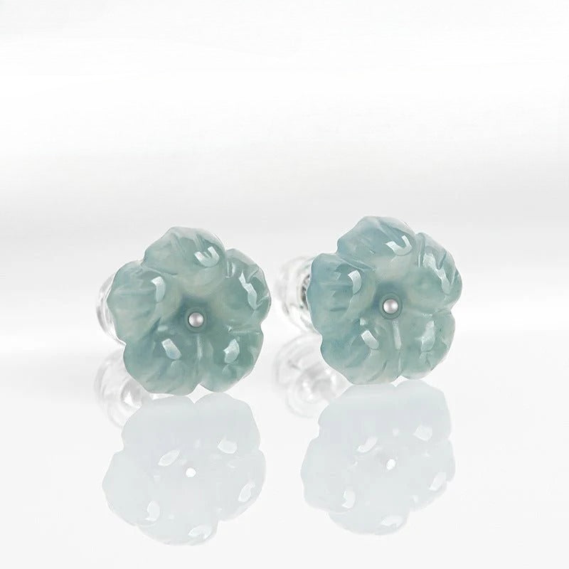 s925 silver inlaid  ice jade blue water peach blossom stud earrings