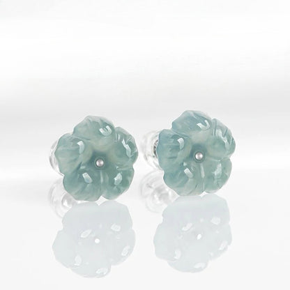 S925 Silver Inlaid  Ice Jade Blue Water Peach Blossom Stud Earrings