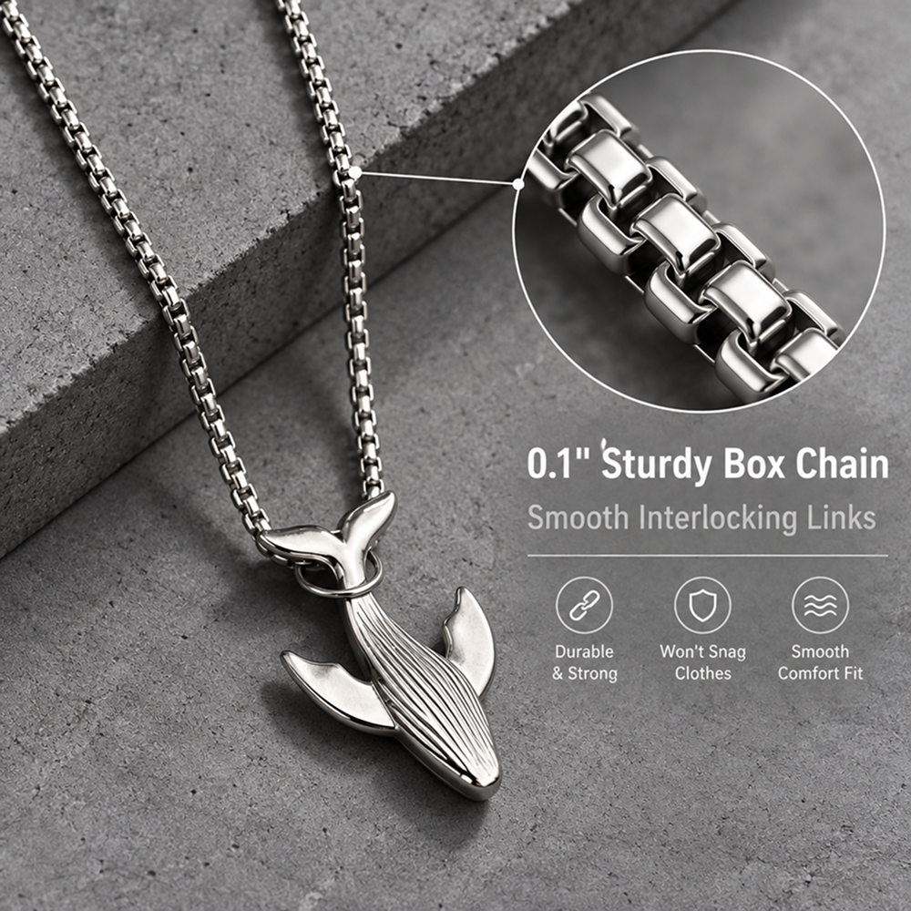 titanium steel whale fall pendant necklace for men unisex vintage silver humpback whale tail charm long box chain sweater necklace hip hop streetwear minimalist ocean jewelry aesthetic gift 27.5 inches