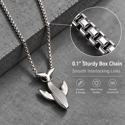Titanium Steel Whale Fall Pendant Necklace for Men Unisex Vintage Silver Humpback Whale Tail Charm Long Box Chain Sweater Necklace Hip Hop Streetwear Minimalist Ocean Jewelry Aesthetic Gift 27.5 Inches